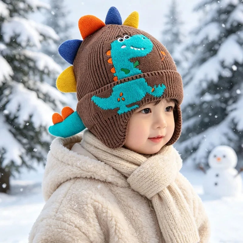 1-4PCS Cute Dinosaur Pattern Earflap Beanie for Boys Girls Knitted Fleece Lined Warm Winter Hat with Pom Pom for Snow Skiing Vue