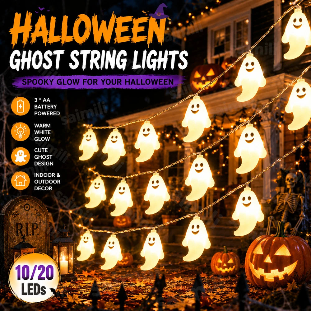 Horror Prop Halloween Ghost LED String Lights Battery Powered Waterproof Glowing Lamp For Home Party Haunted House Decor Light Vue