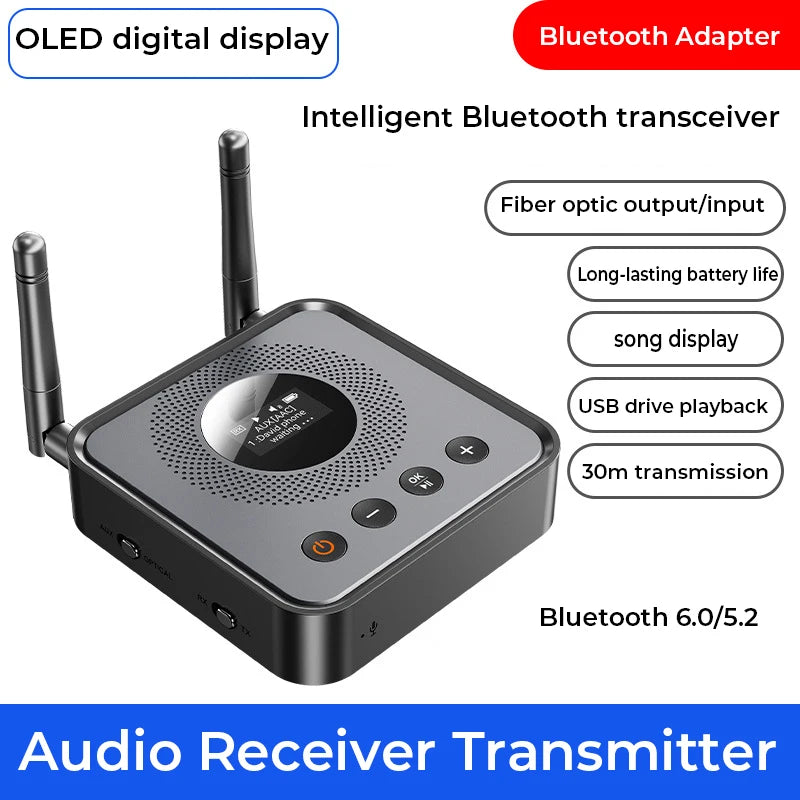 Bluetooth 6.0/5.2 Audio Receiver Transmitter with OLCD Digital Display USB Flash Drive & Wireless Music Playback Optical Output Vue