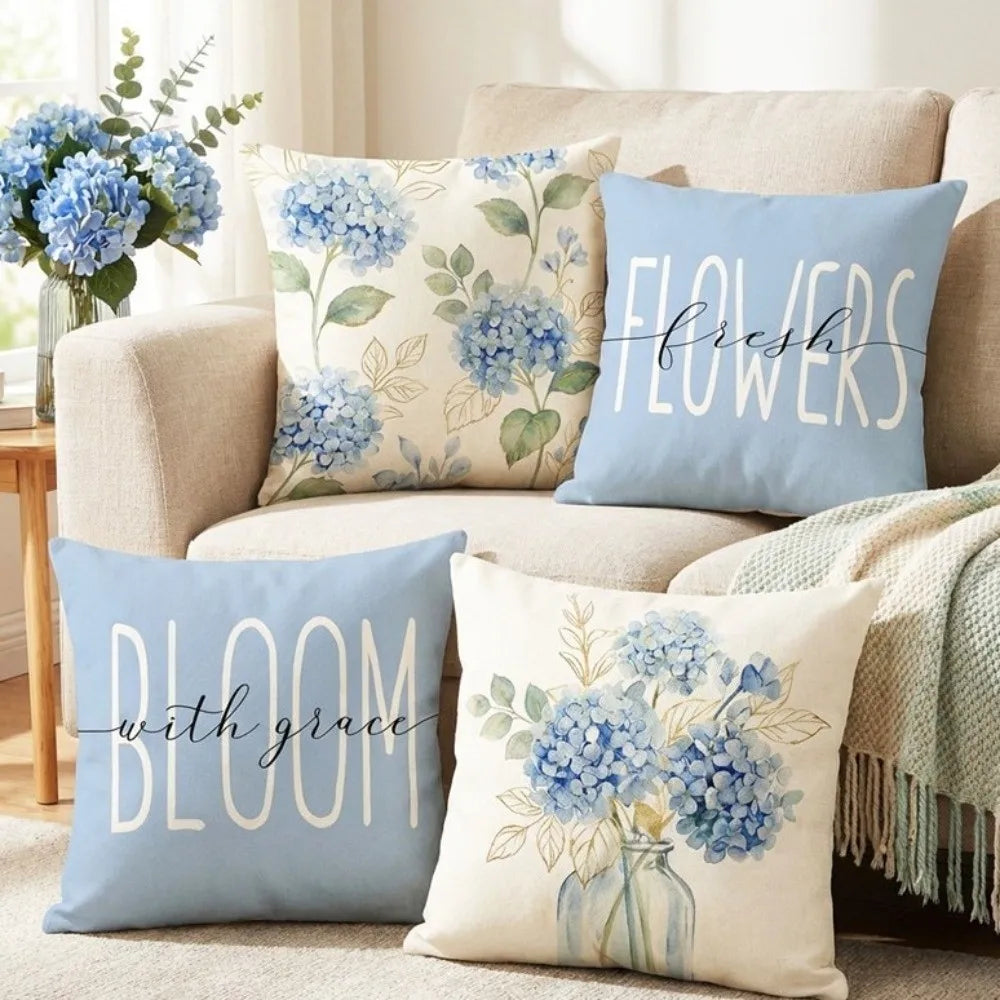 Skin-Friendly Hydrangea Cushion Cover Flower Printed Linen Throw Pillow Cover Soft with Zipper Floral Pillow Cover Home Decor Vue