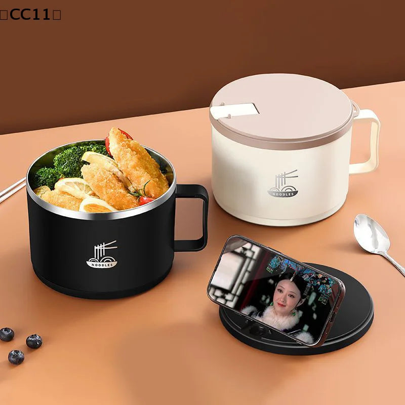 304 Stainless Steel Foam Bowl Large Capacity Double-Layer Anti-Scald Lunch Box With Tableware/Lid Can Drain Ramen Bowl〔CC11〕 Vue