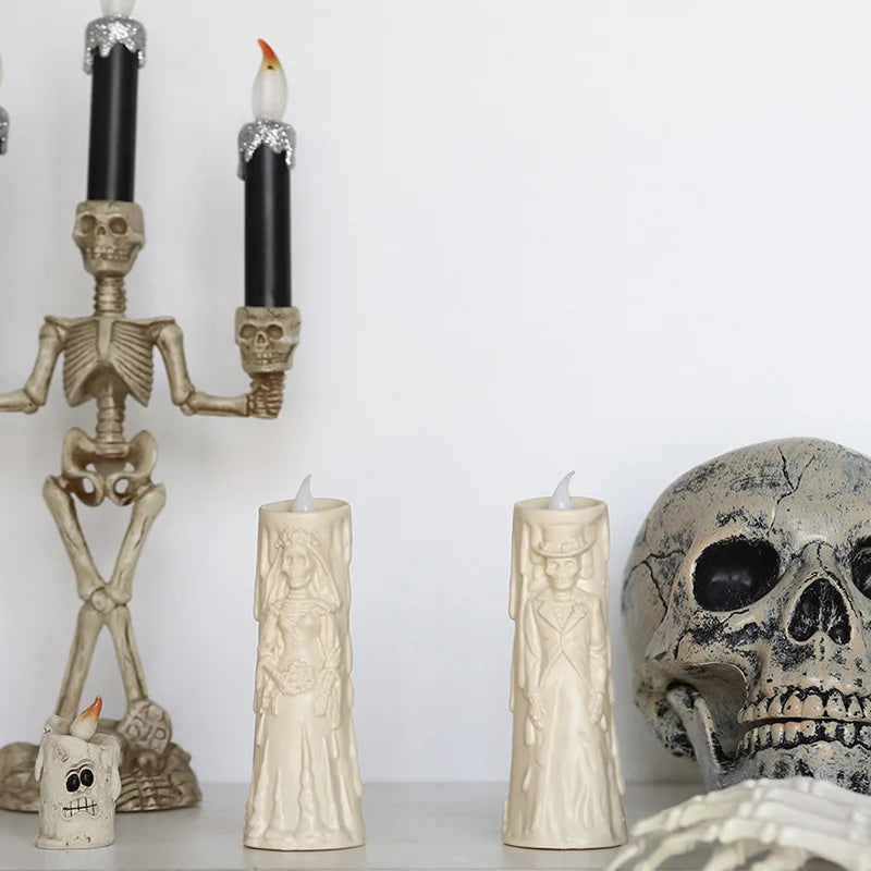 Halloween skull lights, LED glowing candles, spooky decorations, decorative props, ghost bride and groom, couple lamp ornaments Vue