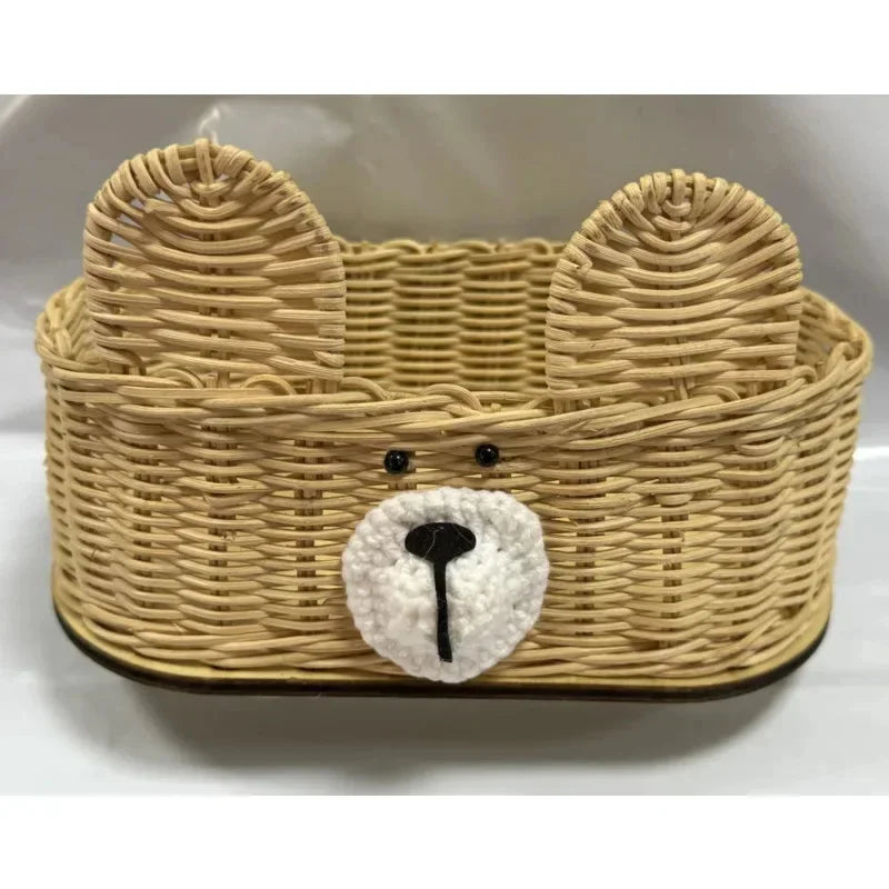 Rattan Woven Tissue Box Holder Cute Bear Napkin Small Desktop Storage Basket For Home Table Decor Kids Birthday Gift Vue A1
