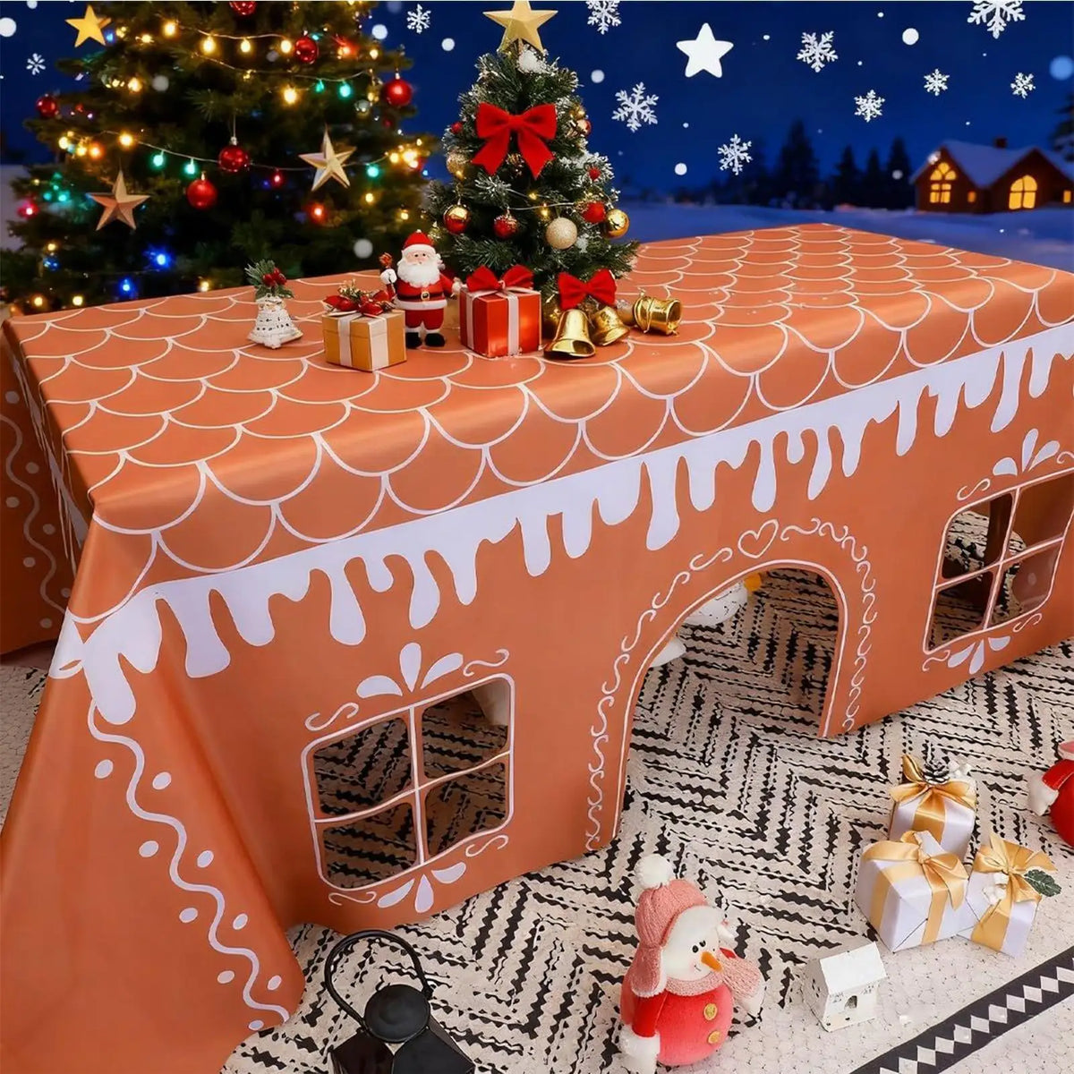 Gingerbread House Christmas Tablecloth & Runner Set, Reusable Farmhouse Holiday Table Decor for Kitchen Dining, Party & Festival Vue