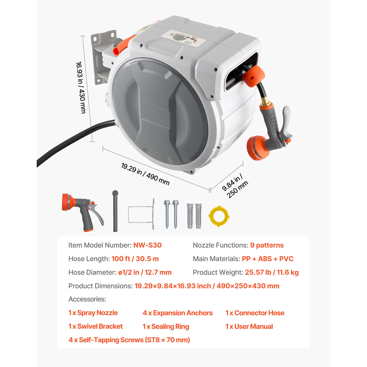 Retractable Wall-Mounted Garden Hose Reel – 9-Function Nozzle Garden Hose Reel Vue 100ft United States