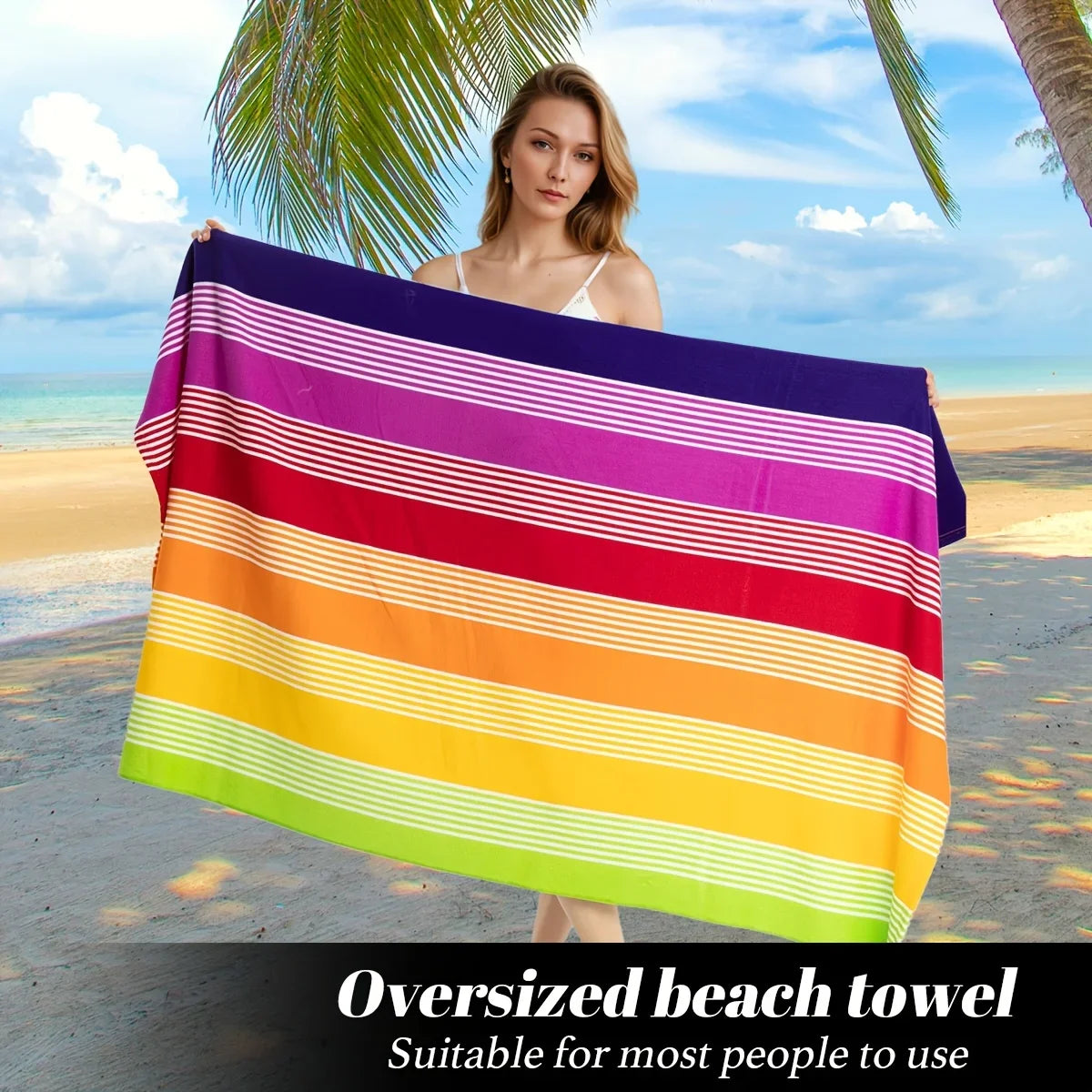 Oversized Beach Towel 280g/㎡ Microfiber, Rainbow Quick-Dry for Pool Travel, Tropical Design, Fade-Resistant & Washable Vue
