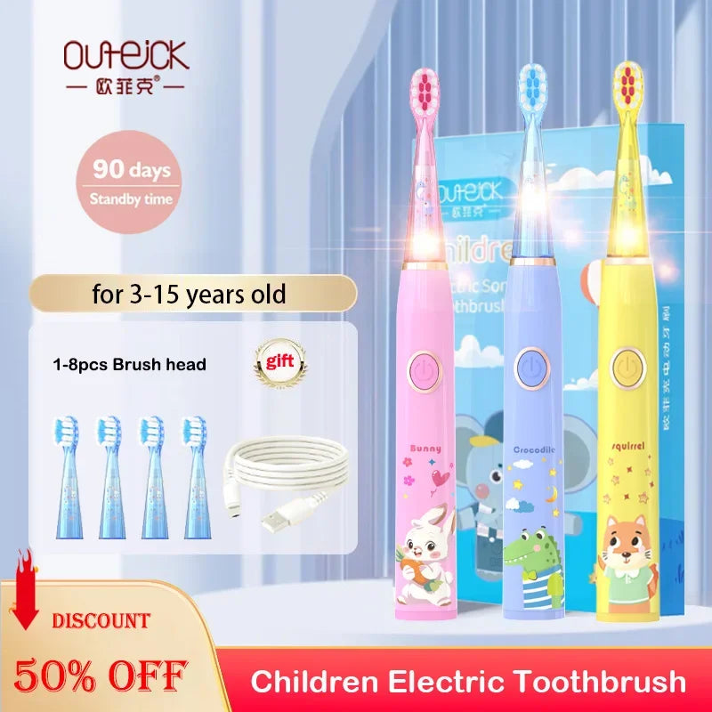 Kids Cartoon Colorful LED Light Sonic Children Electric Toothbrush IPX7 Waterproof 2 mins Smart Timer Rechargeable Toothbrush Vue