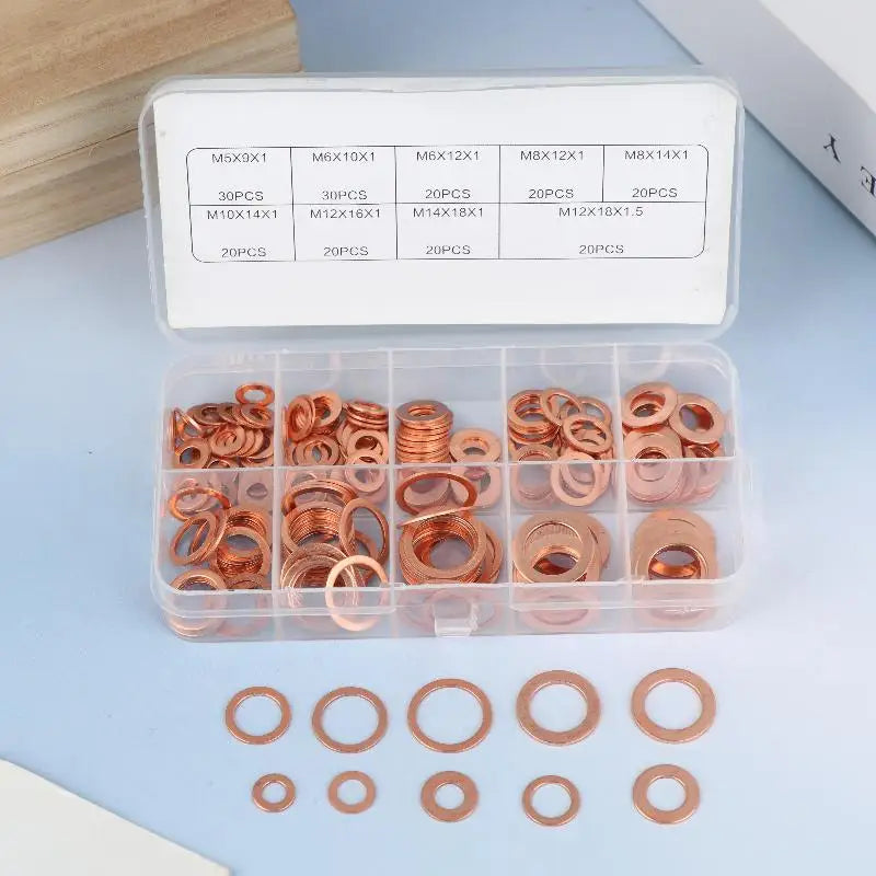 100/200Pcs Of Copper Washers Nuts And Bolts With Box M4/M5/M6/M8/M10/M12/M14 Seal Combination Kit For Oil Pan Plugs Vue