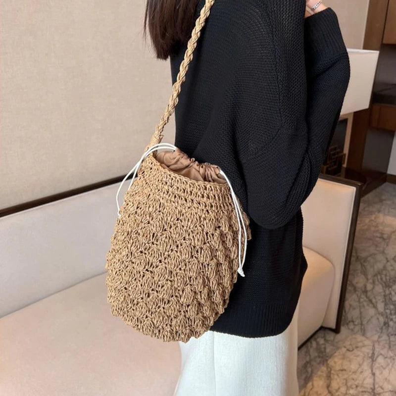 Summer Handmade Crossbody Bag Women Beach Weaving Drawstring Straw Vue khaki (20cm<Max Length<30cm)