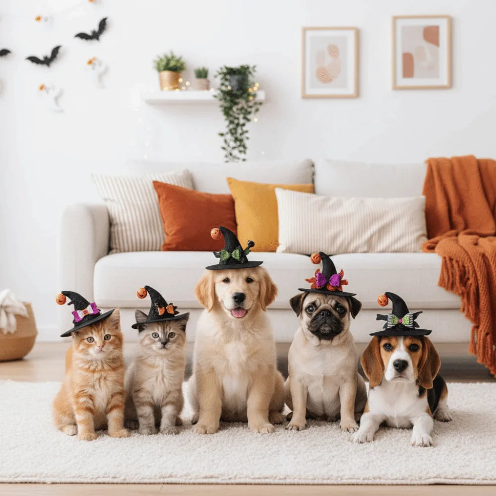 Curved Top Pet Witch Hat Sequin Bowknot Adjustable Strap Cat Wizard Cap Lightweight Fit Soft Fabric Dog Halloween Headwear Vue
