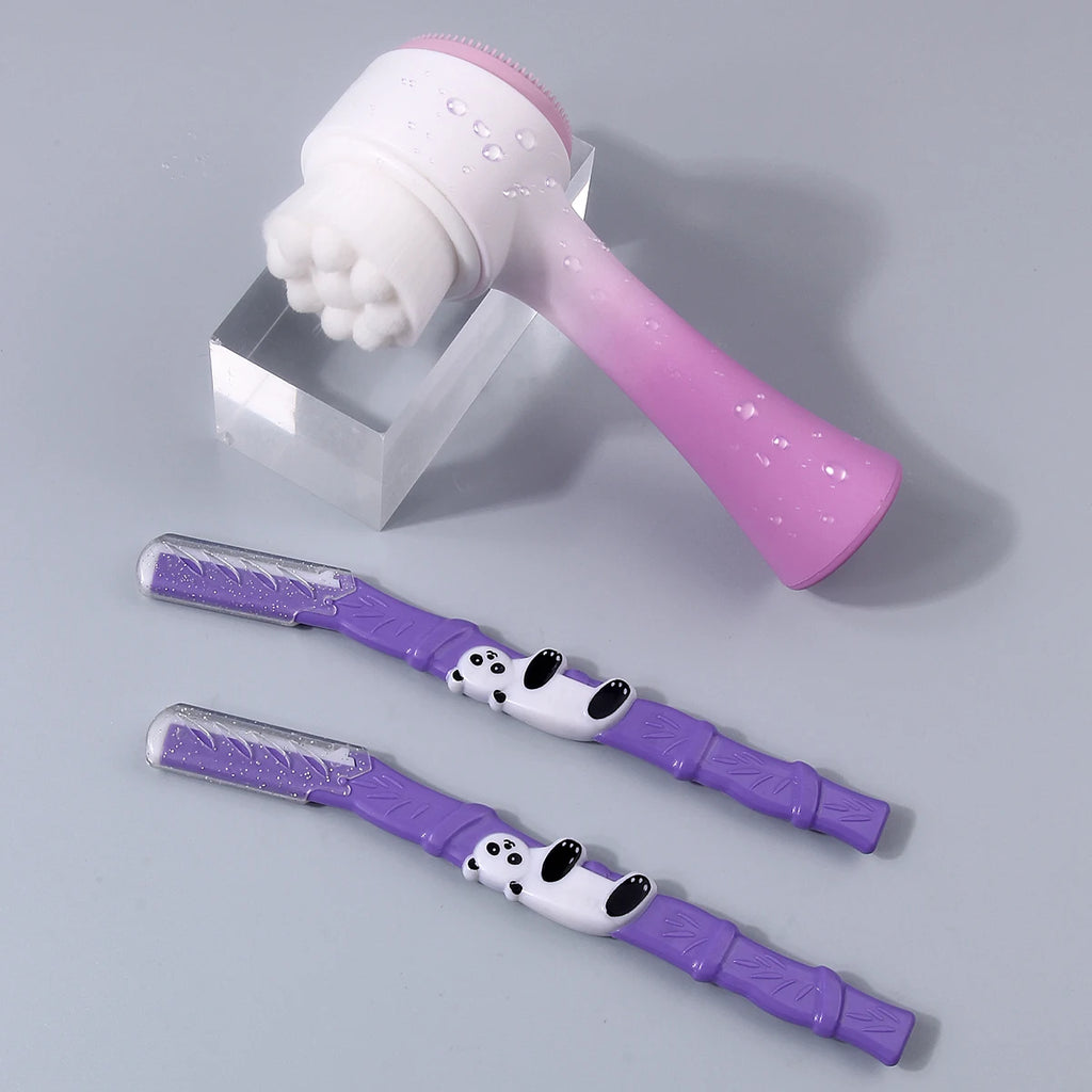Hot Sale 3PCS Multifunctional Facial Cleansing & Eyebrow Trimmer Kit, Purple Panda Handle Dermaplaner + Double-Sided Brush for S Vue