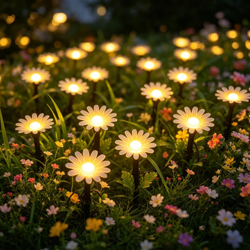 5M10LED/8M20LED Outdoor Solar Daisy String Lights, Waterproof Flower LED Ground Lamps for Courtyard Party Garden Holiday Decor Vue Warm White 1PC 8M20LED No plug