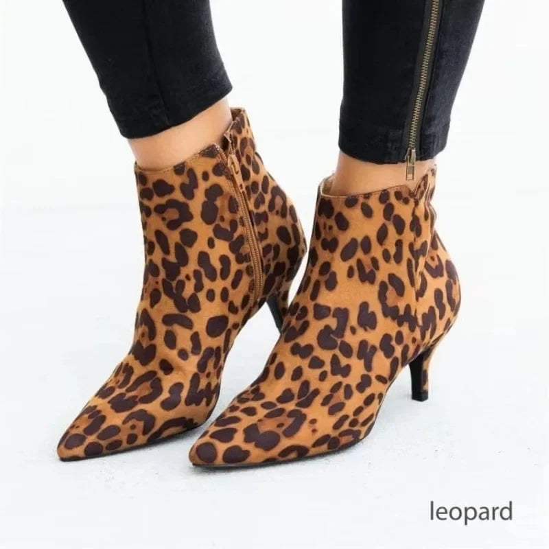Women's Leopard Ankle Boots Pointed Toe Chunky Heel Zip Ankle Boots Vue
