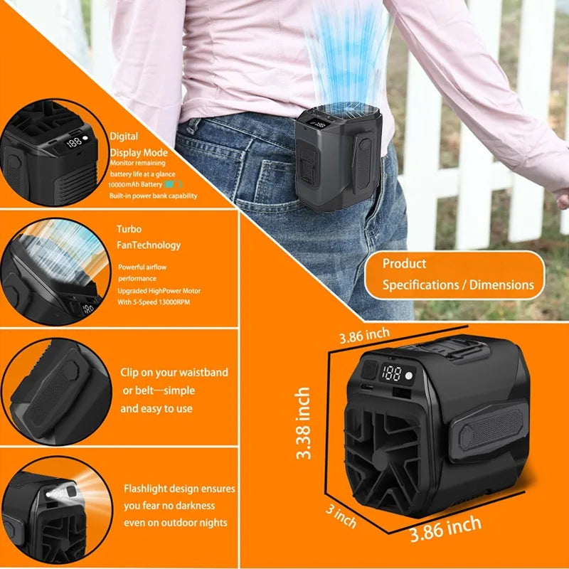 Portable Waist Fan 10000mAh LED Lighting Hanging Neck Fan with Power Bank 5 Speed Strong Airflow Cooling Fan for Outdoor Working Vue