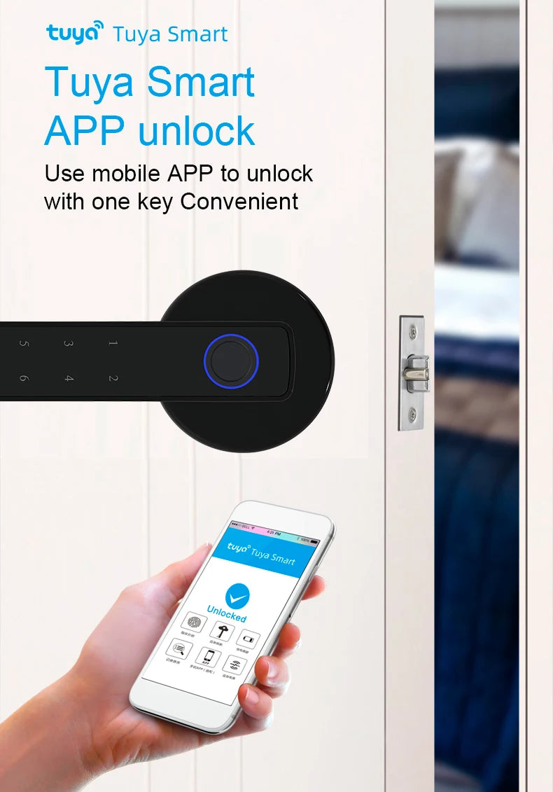 TYSH Multiple Unlocked ways with Fingerprint Tuya Smart Management APP HandleDoor Lock for Home Office Hotel Vue