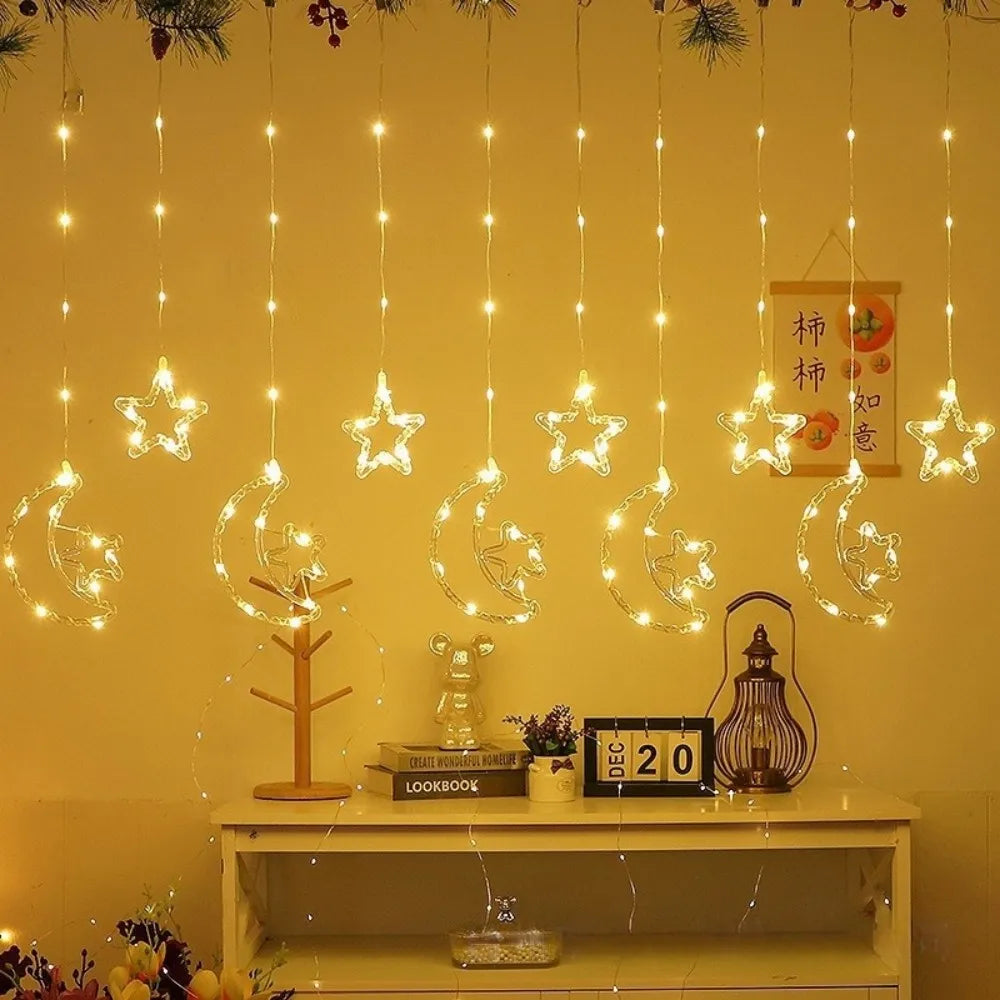 1PC 3M USB Moon&Star Curtain Light with Remote Control,8 Lighting Modes,Suitable for Room,Party and Ramadan Decoration Vue Warm white 1PC 3M