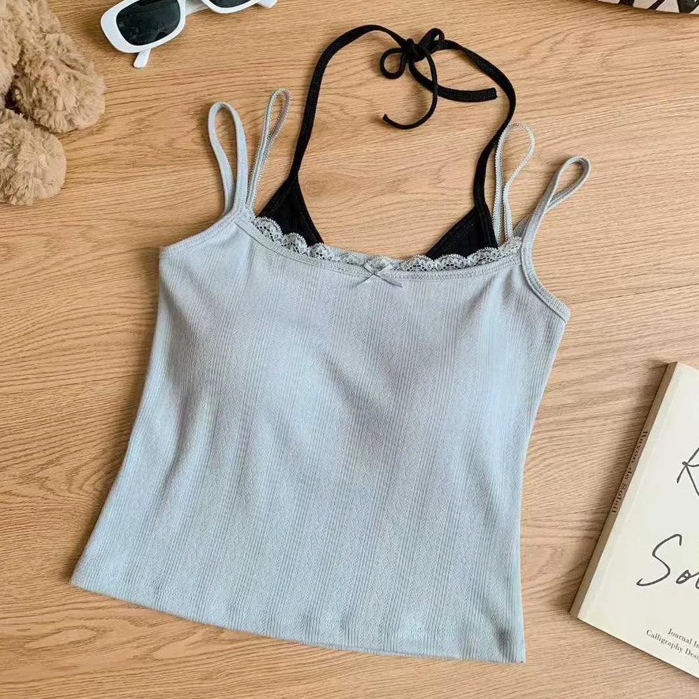 Sweet Sleeveless Lace Trim Camisole Slim Padded Cups Tie Back Vue Grey One Size