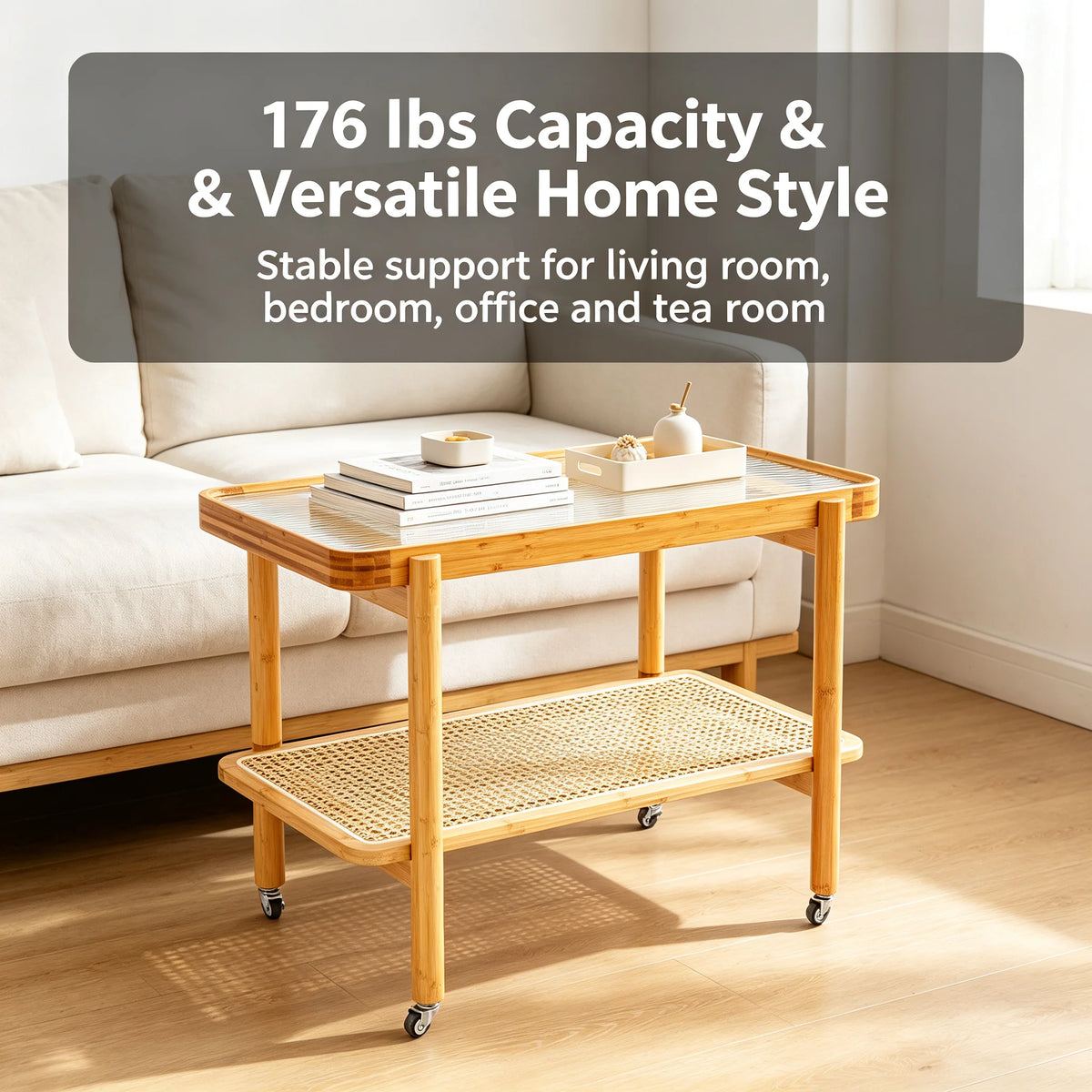 2-Tier Rolling Coffee Table – Tempered Glass & Bamboo, 176 lb Mobile Coffee Table Vue
