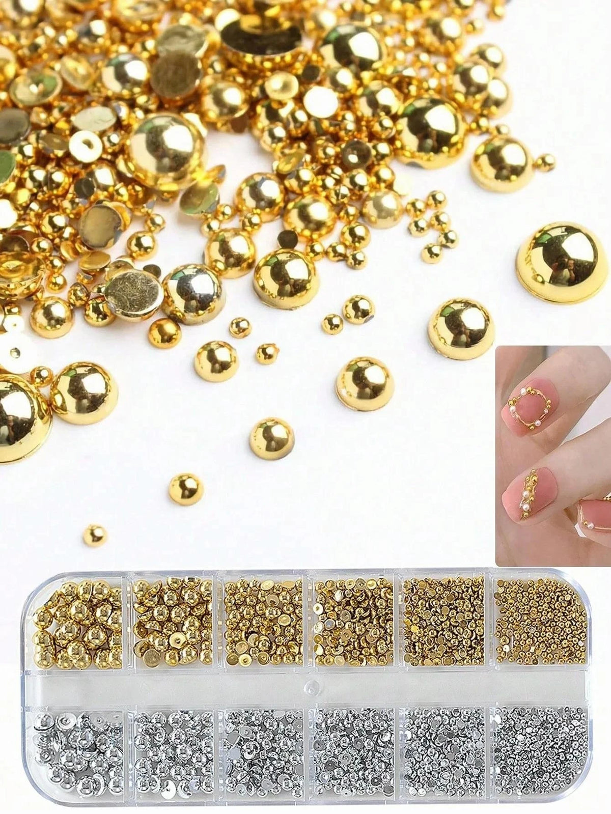 12Grid Box Nail Art Rhinestones Decoration 3D Caviar Beads Gold Silver Metal Nail Charms Jewelry Mix size Steel Nail Decor Vue