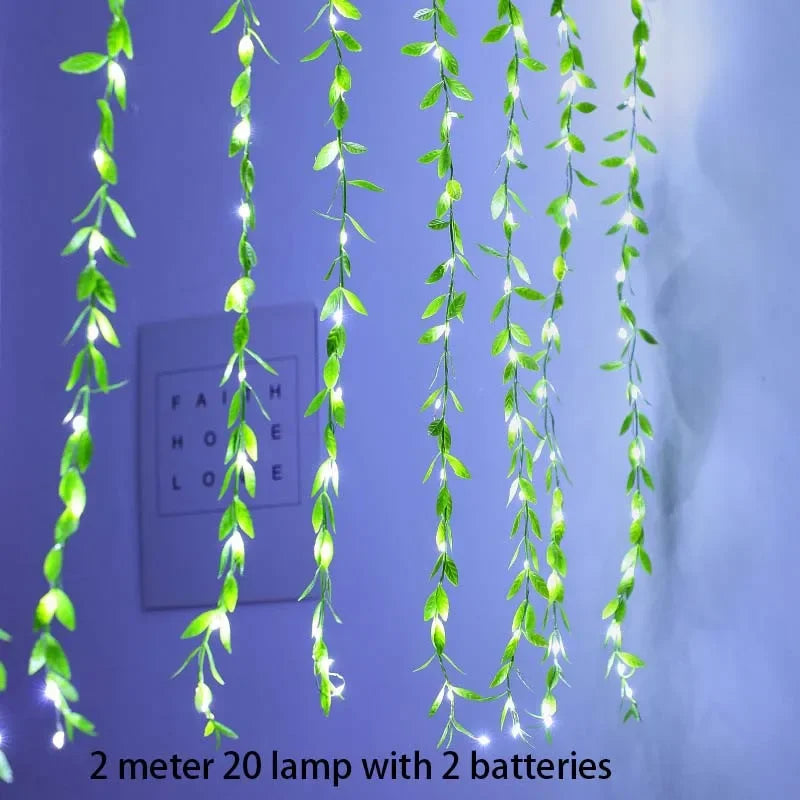 2 M 20 Light Always on Battery Box Willow Curtain Lamp Decorative Light String Imitation Leaf Wrought Iron Basket Copper Wire Vue green Warm White 0-5W