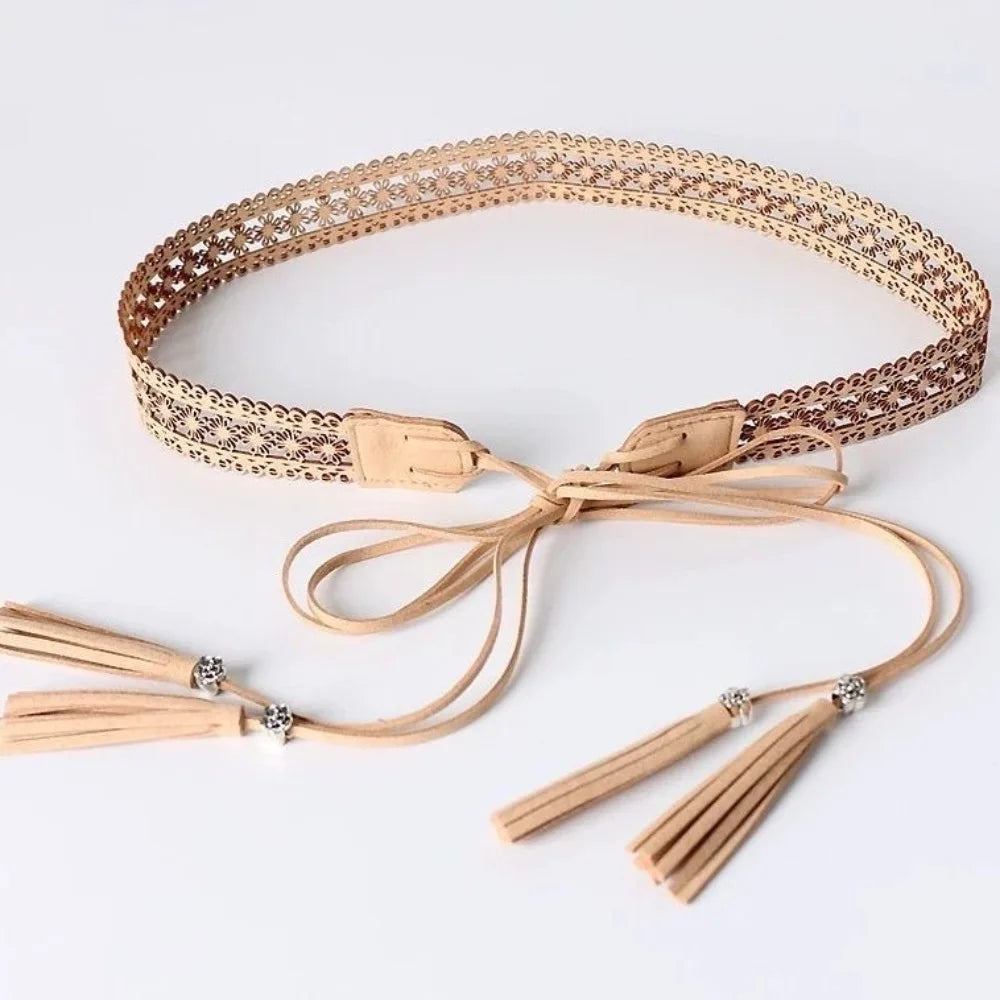 Retro Bohemian Long Tassel Braided Belt Rope Knotted Hollow Pattern Vue Khaki