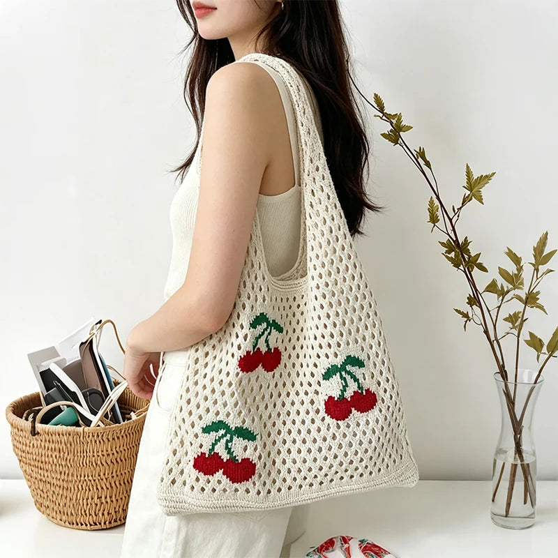 Women Stylish Turtle Cherry Pattern Crochet Tote Bag Large Capacity