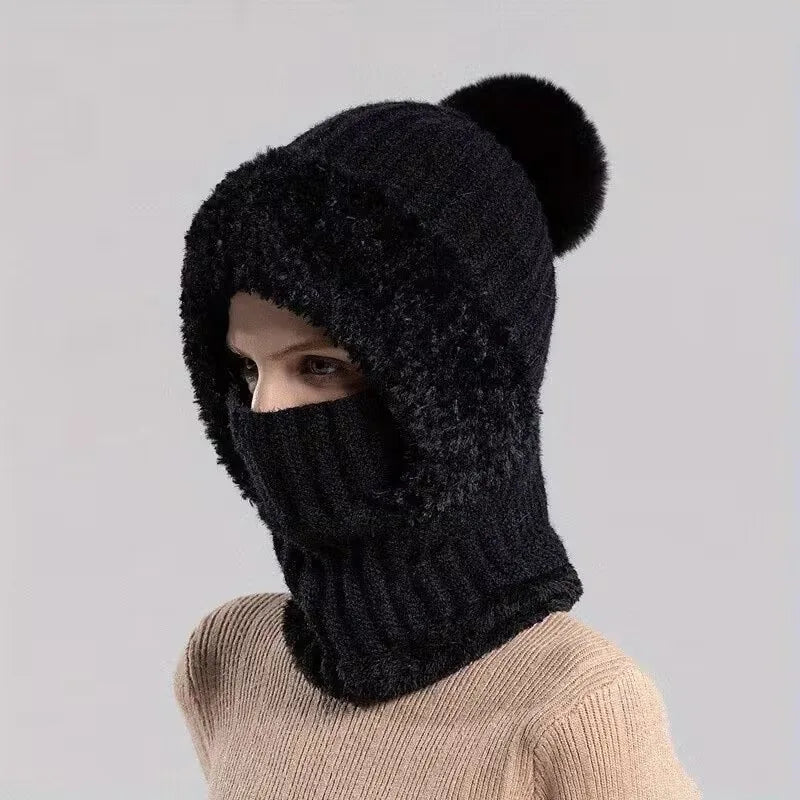 Autumn and Winter Women Fleece Lined Knitted Hat Scarf Mask One Piece Full Face Protection Windproof Thick Warm Hood Vue