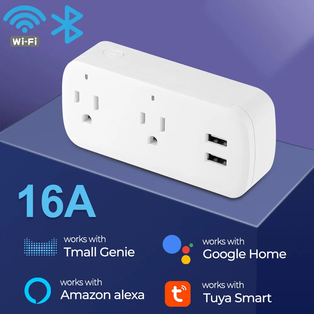 AC100-240V 16A Tuya Smart Socket WiFi Power Strip 2 Outlet 2 USB Port Multi Plug Socket Work with Alexa Google Home Smart Life Vue Default Title
