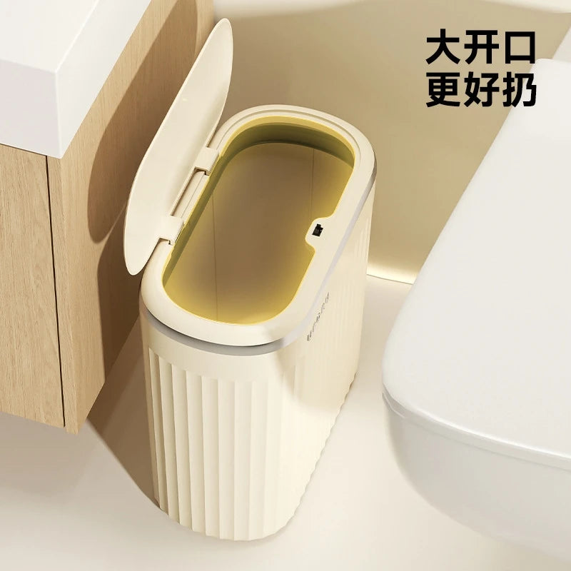 Large Trash Can With Push Lid Premium Capacity Odor Sealing For Bathroom Toilet Narrow Gap Home Use For Families And Guests Vue
