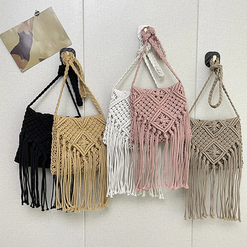 Women Crochet Shoulder Bag Tassel Handwoven Crossbody Solid Bohemian