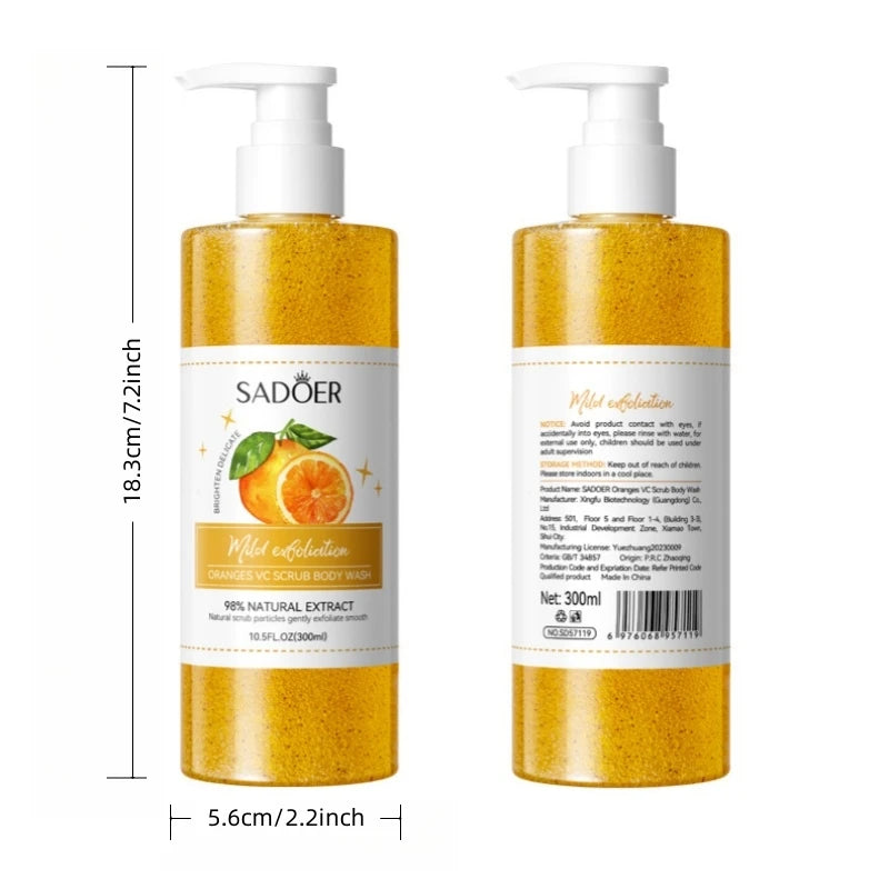 300ml Orange Body Scrub Shower Gel, a Cleansing Body Wash Containing Fresh Orange Extract, Citrate Salts, and Other Skin Care Ingredients. the Fine Scrub Particles Deeply Cleanse Skin Impurities and Dead Skin Cells, While Hyd Vue