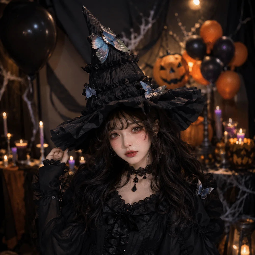 Gothic Halloween Hat Tall Pointed Cone Top Butterfly Hair Clips Women's Wizard Cap Removable Bendable Ruched Masquerade Cap Vue