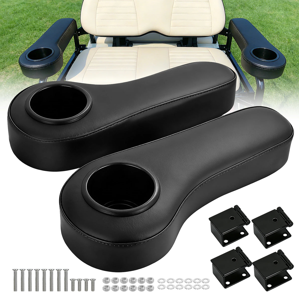 Nilight Golf Cart Armrest Black 2PCS Flip Stand Fits 1 inch Square No Drilling with Detachable Cup Holder Iron Bracket PU Leather Wooden Baseboard for EZGO Club Car Yamaha Rear Seat Vue