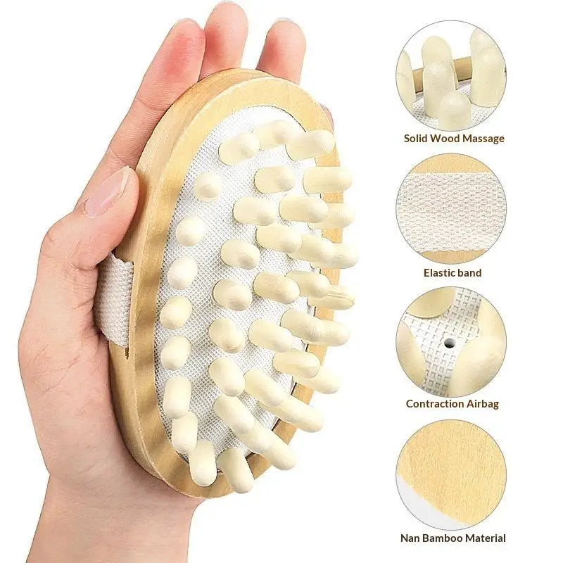 Wooden Body Massage Brush with Smooth Wood Nodes Soft Hand Strap for Muscle Relaxation Exfoliation Spa Vue