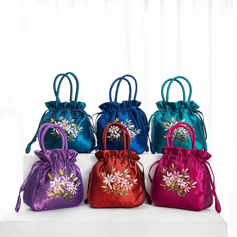 Retro Embroidery Drawstrings Handbags Storage Bags Women Purse