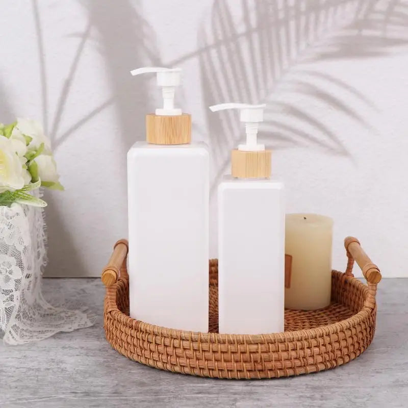 1Pcs Bathroom Dispensers Square Shampoo Shower Gel Body Wash Dispensers Refillable Bamboo Pump Bottles Lotion Containers Vue