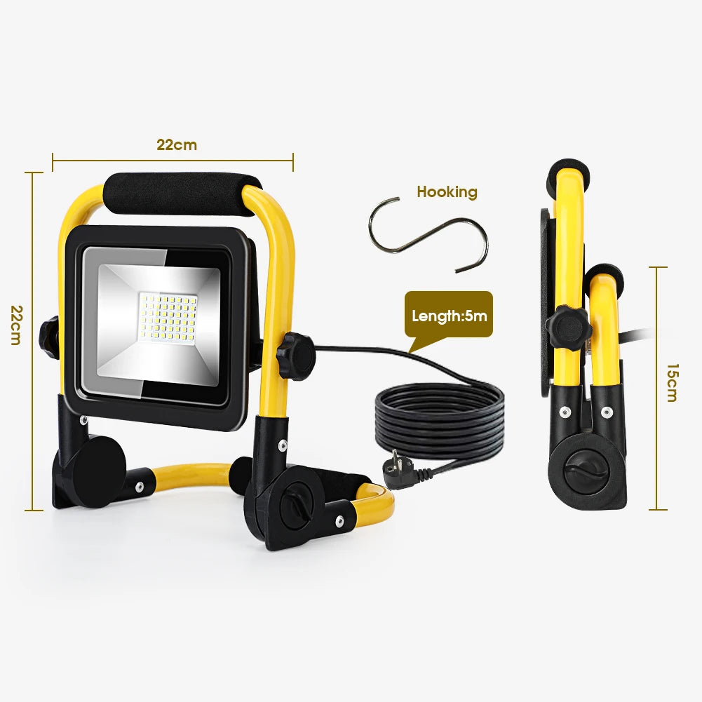Portable LED Flood Light LED Work Light Portable LED Flood Light IP65 Waterproof Spotlight 5M Wire Plug Emergency Lights Stand Vue