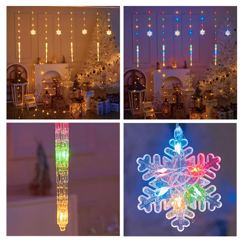 LED Christmas Icicle Snowflake Curtain Lights Indoor & Outdoor, USB Supply + Remote Control, 8 Light Modes, Easy Plug-and-Play Vue