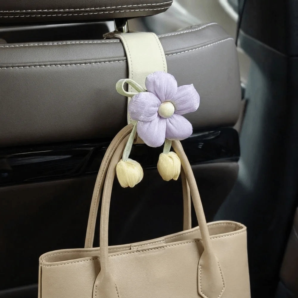Portable Car Back Seat Hooks Leather Decorative Automotive Storage Hanger Space Saver Cute Tulip Flower Car Hooks Family Car Vue