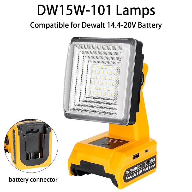 15W 2000LM Cordless LED Work Light Portable Floodlight for Dewalt 20V 60V Batteries with USB Charging Port for Job Sites Camping Vue For Dewalt