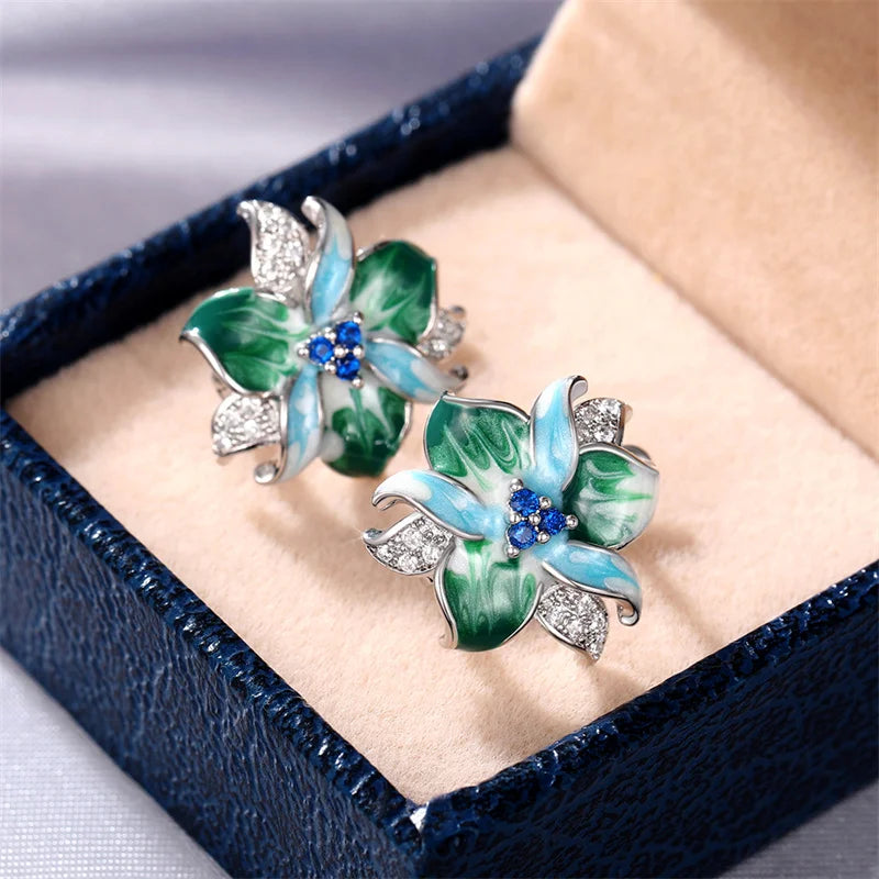 Huitan Green Flower Enamel Hoop Earrings – Bridal Jewelry Enamel Hoop Earrings Vue