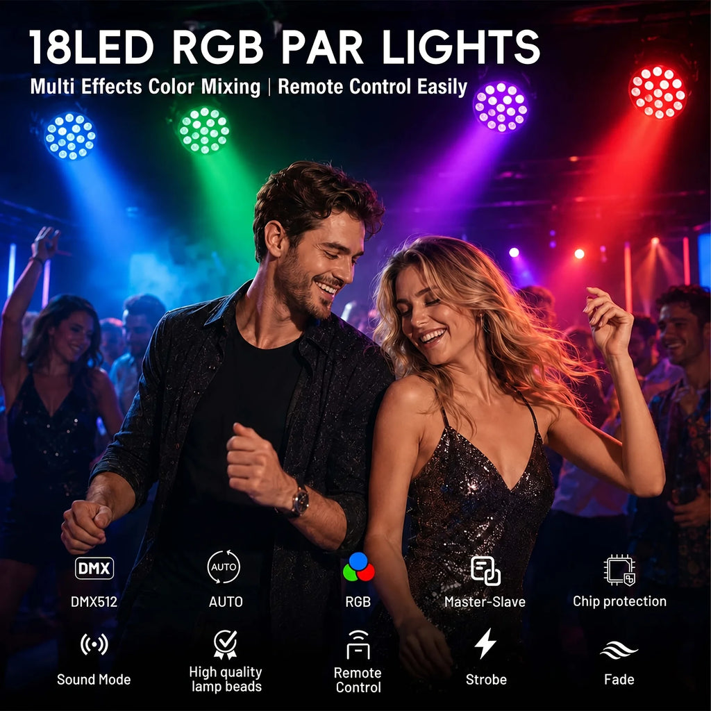 1-4PCS 18LED RGB USB Stage Par Lamp Sound Activated Remote DMX512 Control 7+ Light Modes For Party Club Disco KTV Stage Lighting Vue