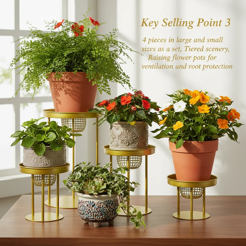 4-Piece Gold Metal Plant Stand Set | Indoor & Outdoor | 2 Sizes Metal Plant Stand Set Vue