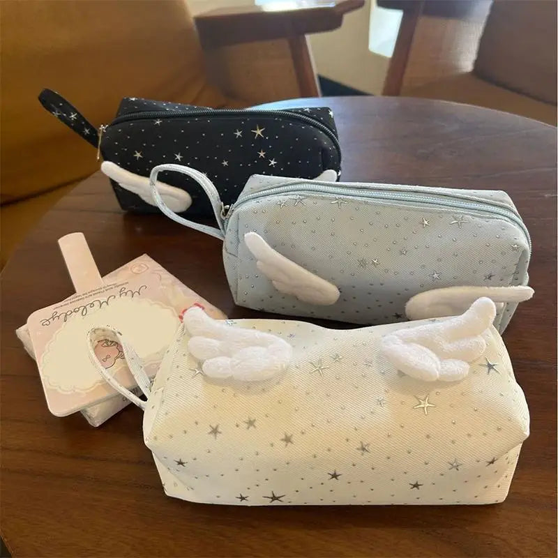 Print Wings Star Dots Pencil Case Y2k Desktop Storage Korean Style Pen Bag Large Capacity Stationery Storage Vue