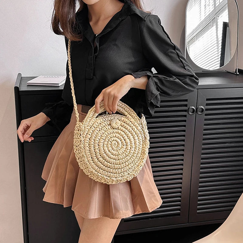 Nice Round Straw Crossbody Bag Handmade Woven Shoulder Women Summer