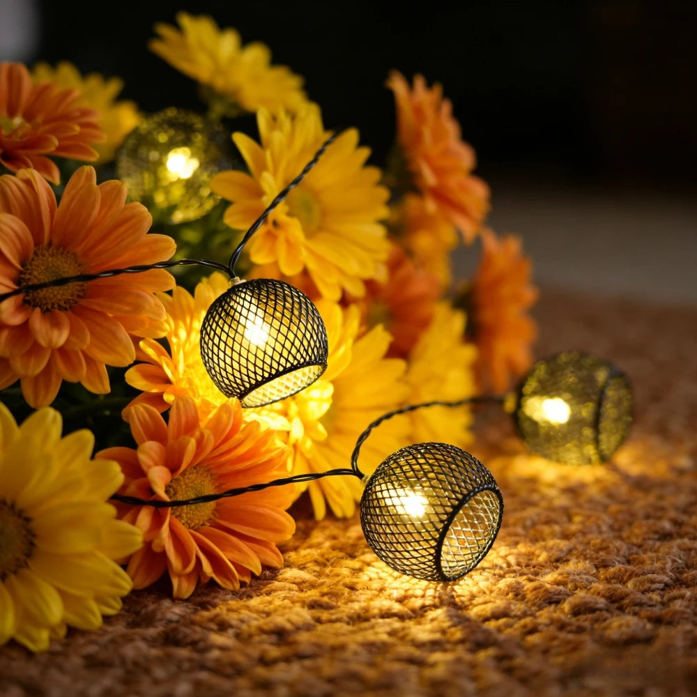 1PC 5M10LED/8M20LED Solar Powered Metal Mesh Globe String Lights Waterproof LED Outdoor Patio Garden Backyard Bistro Decor Vue Warm White 1PC 5M10LED