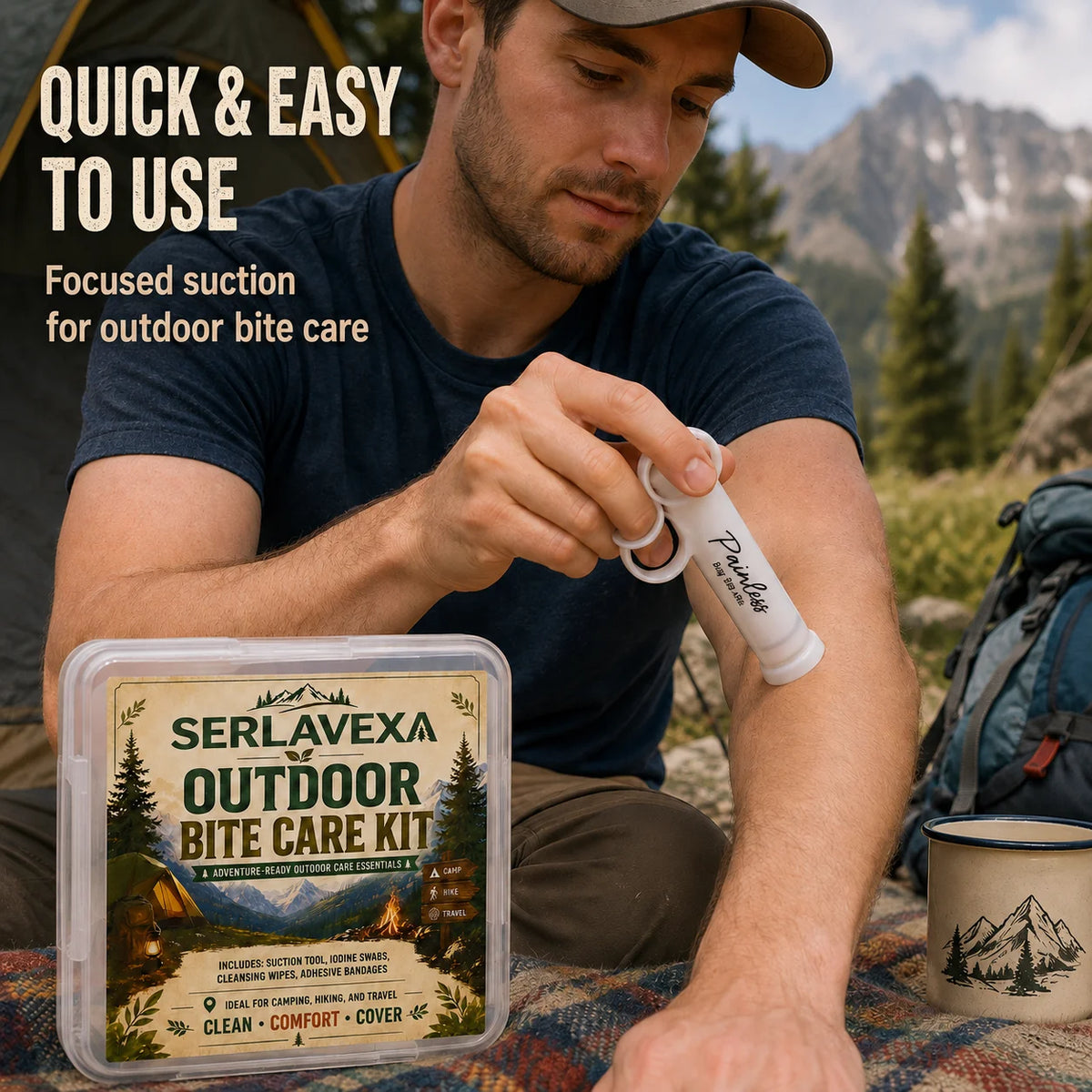 Portable Insect Bite Care Kit with Manual Suction Tool, Cleansing Swabs, Wipes and Bandages for Camping Hiking Travel Vue