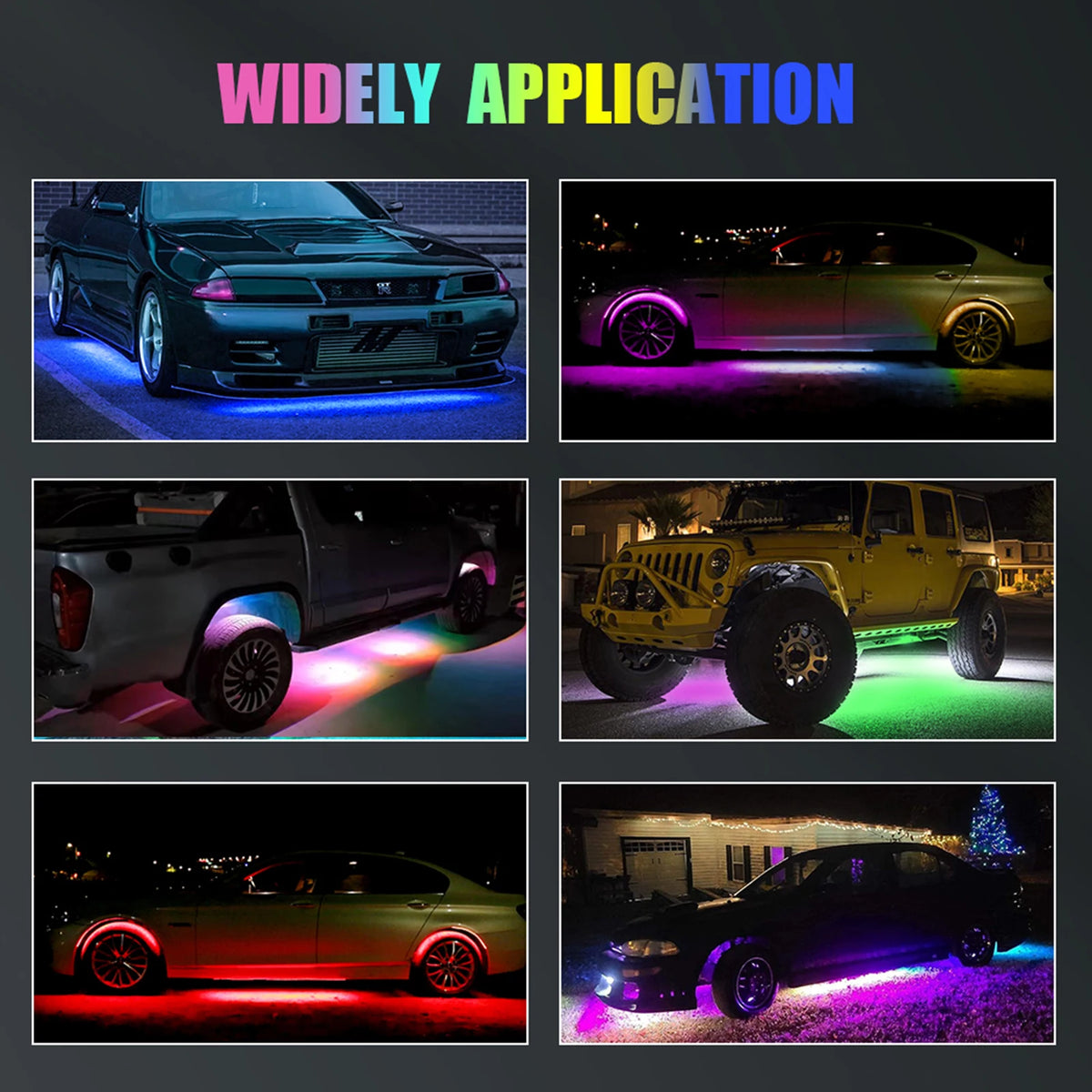 Multi-color LED rock lights with brightness, app control, and music synchronization—ideal for SUVs, ATVs Vue