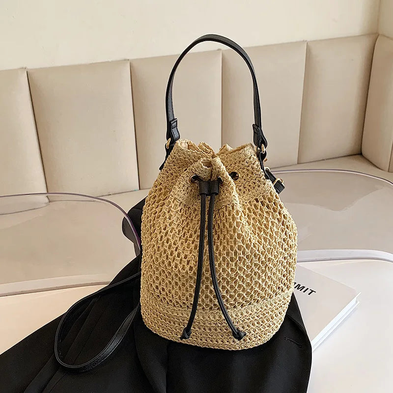 Woven Straw Bag Ladies Bucket Crossbody Summer Beach Retro Travel