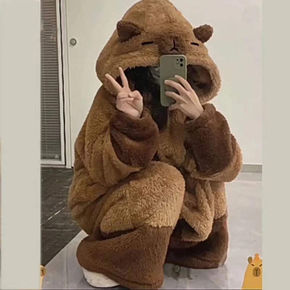 Winter Warm Flannel Nightgown Cute Long Sleeve Fleece Sleeping Dress Coffee Capybara Cosplay Hooded Sleepwear Bathrobe For Women Vue Capybara S